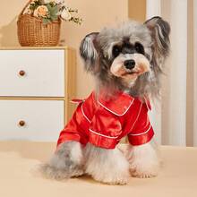 1pc Satin Solid Color Handmade Trim Waistband Comfortable Pet Pajamas For Cats And Dogs, All-Season Wearable Home Loungewear Sleepwear, Christmas Decoration - Red - View 2