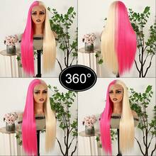 13X4 Pink & Brown Lace Front Wigs Pre Plucked Soft Free Part Long Straight Wigs Glueless Pink Skunk Stripe Wig Wear And Go Wig Heat Resistant Fiber Hair Synthetic Lace Front Wigs For Fashion Women For Daily Christmas Party Cosplay Use - Half Pink Half Blonde - 查看 8