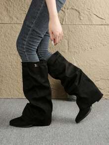 Fall/Winter Slimming Suede Over-The-Knee Mid-Calf Chunky Heel Pointed Toe Equestrian Boots For Women - Black - View 5