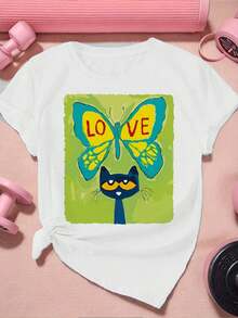 Camiseta con mariposa y gato ,Camiseta informal de algodón de verano para mujer, manga corta, cuello redondo, 220 g/m2 (1 pieza) - Blanco - Ver 2