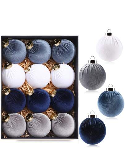 12 件 - 天鹅绒圣诞装饰球，适用于圣诞树 - 蓝色防碎圣诞装饰，适用于圣诞节装饰 - 多色皇家灰蓝色，60 毫米 2.4 英寸
