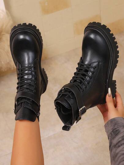 2025 Winter Women's Thick Sole Boots, Increased Height, British Style, Motorcycle Boots, Plus Size Short Boots, Business Punk Lace-Up