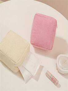 Velvet Women's Lightweight Travel Makeup Bag With Zipper Closure, Multi-Compartment Design - Suitable For Lipstick, Nail Polish, Essentials - Pink, Beige, Black, Purple, Minimalist Style Cosmetic Storage Box, Sanitary Pad Storage Box