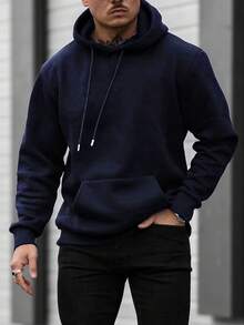 GRDR Men's Casual Street Hooded Sweatshirt, Solid Color With Thermal Lining, Loose Fit, Autumn/Winter - Navy Blue - View 9