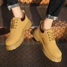 Sapatos de Couro Outono Masculino, Oxford de Sola Grossa Retrô Preto, Botas de Trabalho Externo, Botas de Cano Baixo, Estilo Britânico