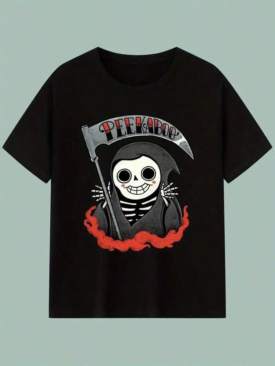 Peekaboo Men's & Women's Black Cotton T-Shirt With Playful Grim Reaper & Peekaboo Graphic Print - Soft Light Beige-Friendly Casual Short Sleeve Round Neck Tee For Casual Attire, Halloween & Themed Events - Unisex Adult Sizes, Machine Washable, Versatile Gift Idea, Holiday Outfit, Fun Design, Breathable Material, Comfortable Fit, Printed Shirt, Men And Women,Nightmare Before Christmas,Christmas,Halloween Costumes,Funny T Shirts,Summer Outfits,Thanksgiving Day,Men Graphic Tees,Streetwear Men - màu đen - Xem 1