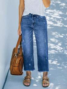 大码女式松紧腰宽松直筒牛仔裤，做旧破洞七分裤，水洗蓝 - 藍色 - 查看 2