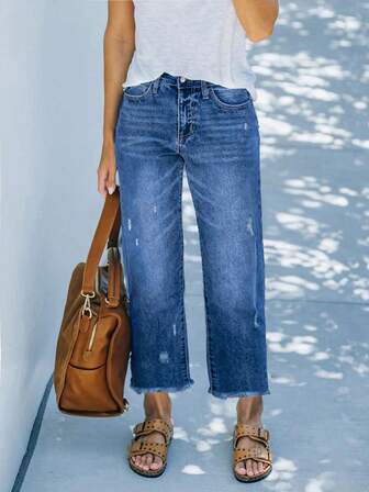 大码女式松紧腰宽松直筒牛仔裤，做旧破洞七分裤，水洗蓝