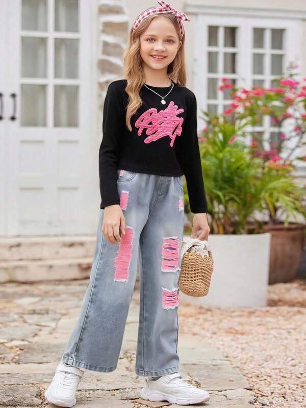 2pcs/Set Girls Casual Sports Street Style Comfortable Daily Wear Long Sleeve T-Shirt And Distressed Denim Pants Set, Spring/Autumn
