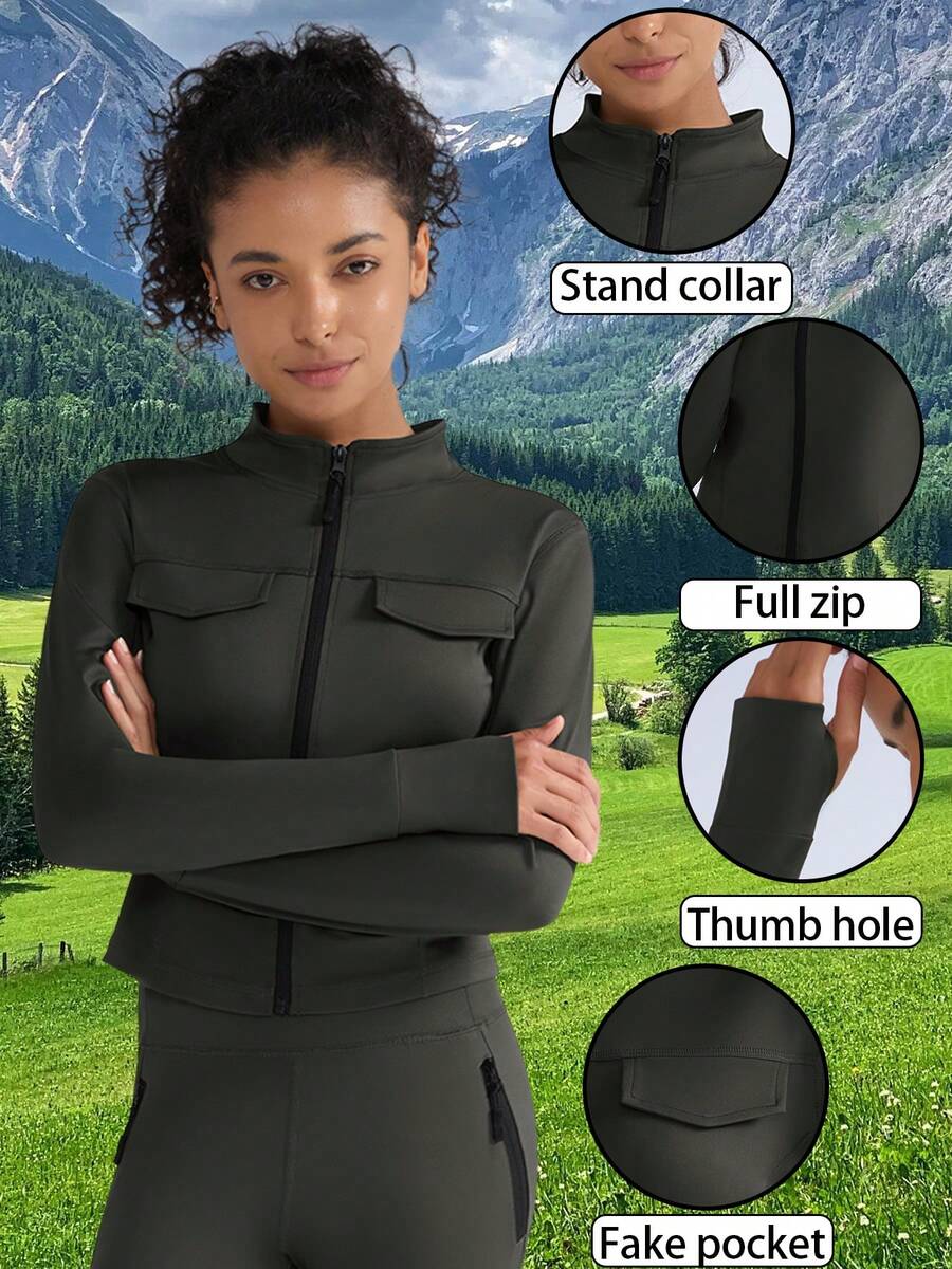 Women's Solid Color Outdoor Jacket With Fake Pockets, Full Zip, Thumb Hole, Fitness Jacket - Grey - View 1