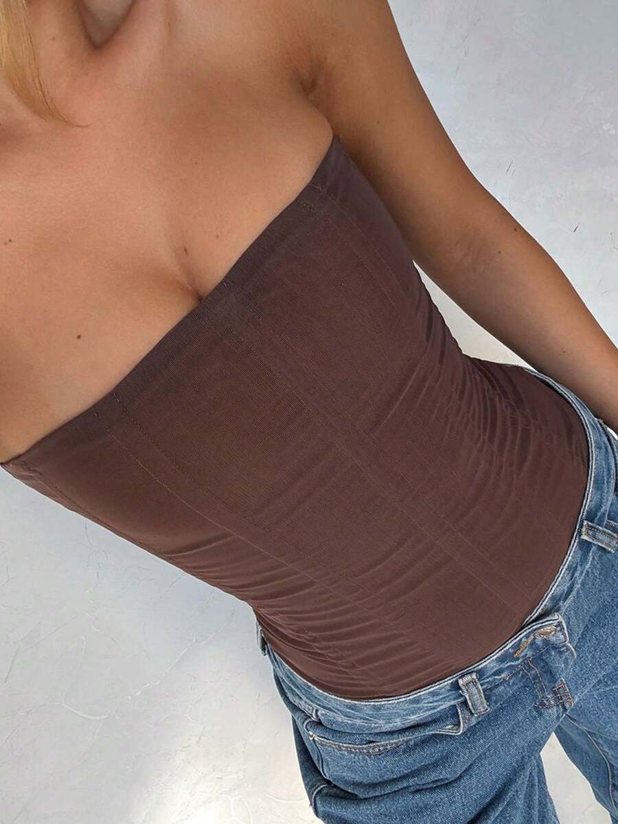 Elegant White Crop Top Mesh Semi-Sheer Corset Boned Overbust Lace Up Back Bodyshaper Tube Tops For  Daily Casual Wear,Music Festival Holiday Black Removable Corset Top, Concert Outfits - 棕色 - 查看 1