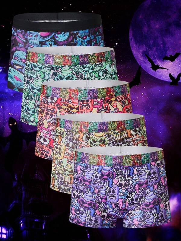 5 Piece Set Of Men's Shorts, Halloween Skull Pattern, Soft And Skin-Friendly Fashionable Men's Underwear, Men's Boxing Shorts