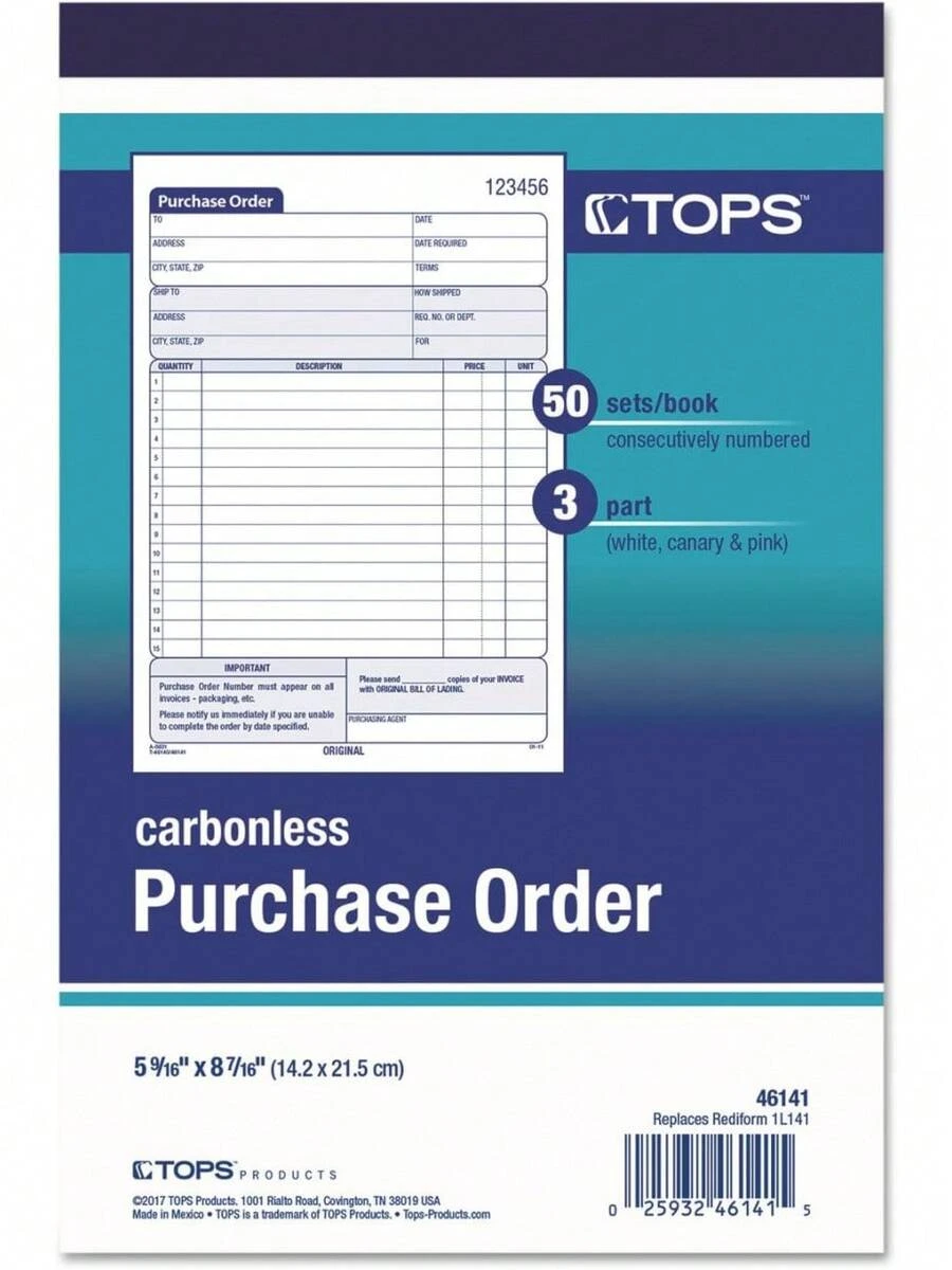 M9X7 TOPS Purchase Order Book, Carbonless Triplicate,5-9/16 X 8-/16 Inches, 50 Sets Per Book (46141) - 1 - View 1