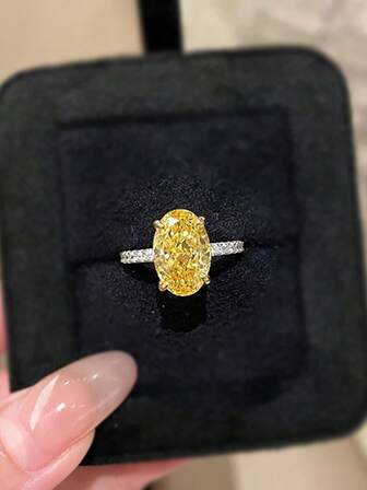 1pc Luxury Sparkling Egg-Shaped Yellow Diamond Ring Inlaid With Zirconia, Elegant Lady's Cocktail Ring, Suitable For Daily, Festival, Party Wear, Girlfriend Gift