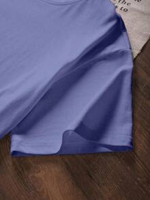 Camiseta navideña de manga corta con cuello redondo para mujer, de mezcla de algodón elástico medio, ideal para uso informal. - Azul marino - Ver 3
