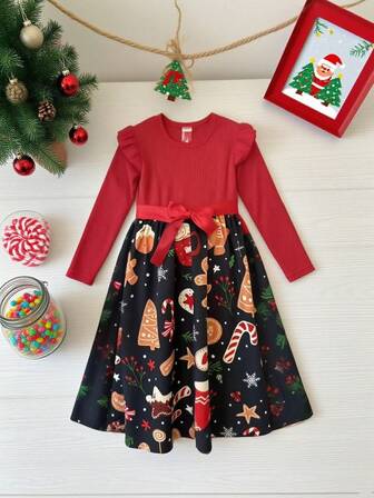 Girls' Christmas Dress With Red Ruffled Top & Gingerbread Print Skirt, Bow - Accented For Holiday Celebrations