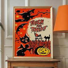 1 pièce Affiche sur canevas de sorcière volante, citrouille fantôme, style décoratif de festival des chats fantômes. Murales d'intérieur, impressions d'affiches, cadeaux muraux, chambre, bureau, salon, café, décoration murale, maison, décoration de dortoir, cadre photo au choix, décoration d'Halloween, décoration d'automne, décoration de chambre.