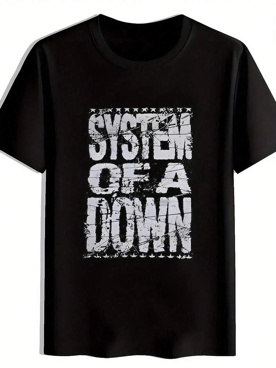 [Vintage Rock Band T-Shirt] Vintage Rock Band T-Shirt |   Men's Black "SYSTEM OF A" Graphic Print, Short Sleeve Crew Neck, Lightweight Polyester, Perfect For Summer, Travel, Beach, And Festivals, Stretchable Fabric - 黑色 - 查看 1