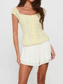 Women's Slim Fit Cap Sleeve Tie Solid Color Casual Summer Basic T-Shirt, Daily Street Wear - Yellow - View 1
