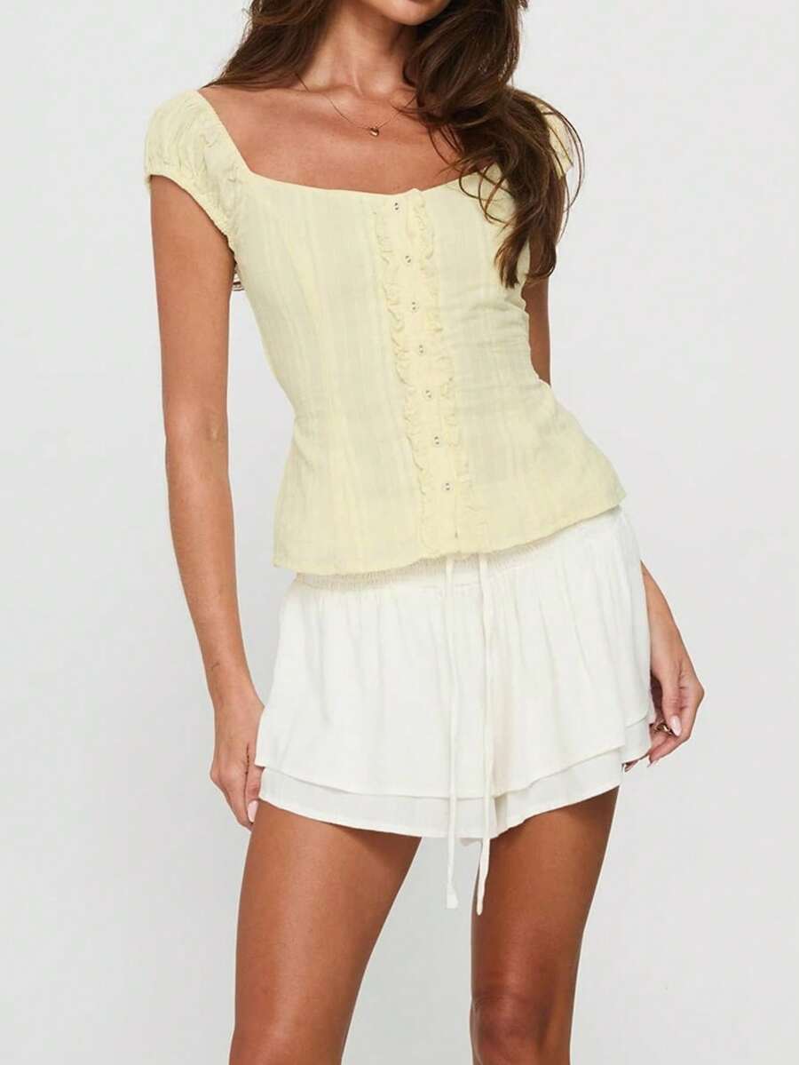 Women's Slim Fit Cap Sleeve Tie Solid Color Casual Summer Basic T-Shirt, Daily Street Wear - Yellow - View 1