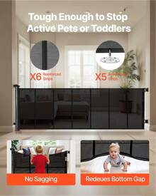Retractable Baby Gate, Extends To 120 Inch Extra Wide, 38.5 Inch Tall, With Reinforced Fiberglass Strips, Avoids Crawling Through, Mesh Dog Gate For Decks, Doorways, Garages, Indoor, Black - Đen 120 inch 41 inch - Xem 2