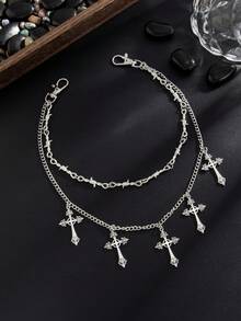 1pc Men's Cross Pendant Multilayer Tassel Metal Fashion Accessory, Hip-Hop Punk Style Belt Chain, Retro Waist Decor, Jewelry Accessory For Daily, Party, Holiday Gift - Silver - View 10