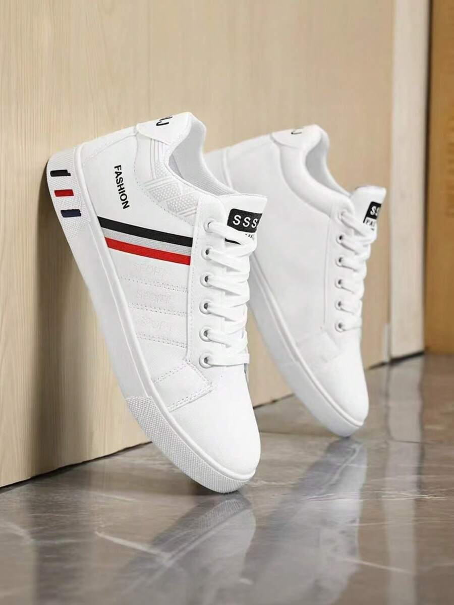 Men's Minimalist Low-Top Skateboard Shoes, Comfortable Lace-Up Striped Casual Shoes, Durable Thick Sole Sneakers, Suitable For Outdoor Activities - White Red - View 1