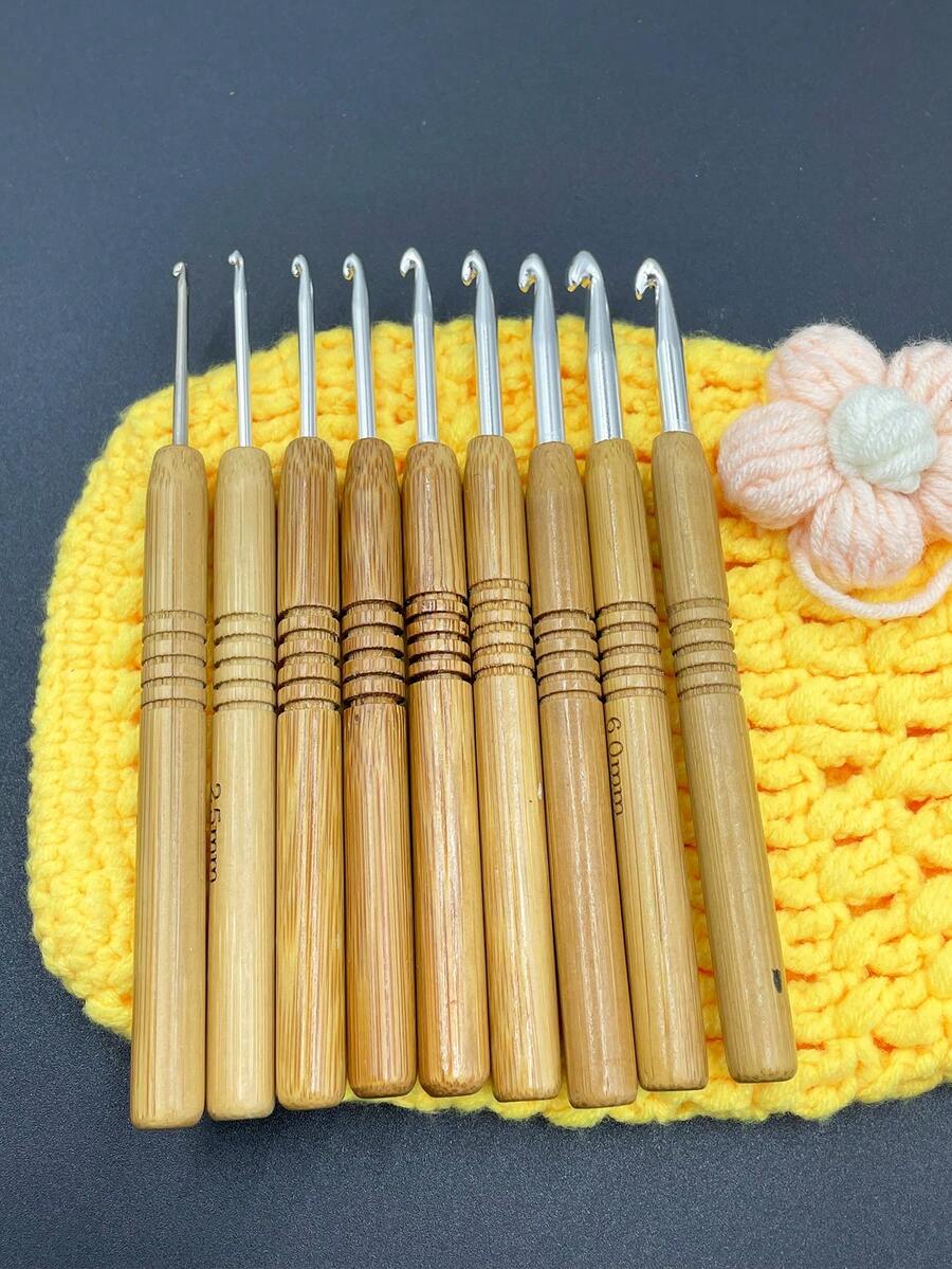 9pcs/Set Carbonized Bamboo Handle Crochet Hooks, Sweater Knitting Needles, Round Shank Hooks, Dreadlock Extensions Hooks, Oxidized Aluminum Head Weaving Tools, Handmade DIY Knitting Hooks - Multicolor - View 1
