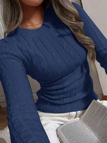 Women's Spring Lightweight Casual Round Neck Long Sleeve Fitted Short Textured Knit Pullover Sweater - Navy Blue - View 3