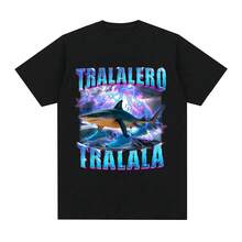 Tralalero Tralala Italian Brainrot Funny Shark Meme Camisetas Gráficas Ropa de Hombre y Mujer Moda Camisetas de Verano de Algodón - Negro - Ver 1