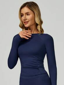 MASKERT 女士紧身长袖露脐上衣和打底裤瑜伽连体衣，长袖运动连体衣，速干高弹 - Dark Blue - 查看 4