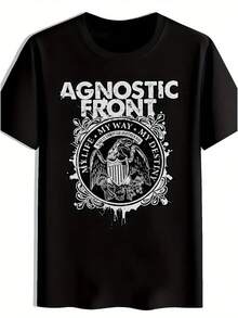 Camiseta gráfica negra para hombres "Agnostic Front" - Diseño de banda de rock vintage, manga corta, cuello redondo casual, camiseta de verano para fanáticos de la música, playa, vacaciones y regalo, ropa para fanáticos de la música |   Diseño de rock vintage |   Camiseta Ligera, Camiseta Rock - Negro - Ver 2