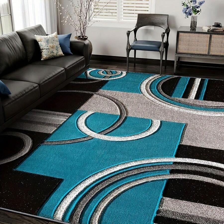 Alfombra de área moderna de 850 g/m² - Material de pelo bajo lavable a máquina con patrón geométrico a rayas de color azul, verde y negro, adecuada para dormitorio, comedor, oficina en casa y sala de estar en varios tamaños - Multicolor - Ver 1