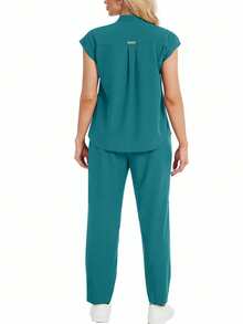 cimmuovere Stand Collar Sleeveless Loose Top And Practical Multi-Pocket Pants Uniform Set - Màu xanh Cadet - Xem 2
