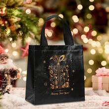16pcs Elegant Black Christmas Gift Bags With Sturdy Handles - Luxury Golden Foil Holiday Designs (Trees, Presents, Snowflakes) - Non-Woven Fabric Bags For Xmas, New Year's, Parties, Wedding Favors - Elegant Holiday Packaging For Gifts & Decorations, Gift Bags Christmas, Party Favor Bags, Durable Festive Bags(1/8/16pcs)