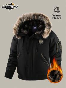 LEDUNTINO Men's Autumn/Winter Fashion Zipper Outdoor Casual Thickened Jacket, Detachable Fur Collar, Multi-Pockets, Button Closure, Fleece Lining, Windproof - Black - View 2