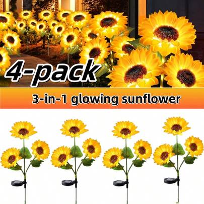 A 4-Pack Of Solar-Powered Sunflower Garden Lights Features A Warm And Soothing Sunflower Design And Soft LED Light. Perfect For Patios, Gardens, Lawns, Paths, Flower Beds, Romantic Wedding Settings, Birthday Party Ambiance, Halloween Pumpkin Parties, And Christmas Light Displays-A Must-Have For Any Holiday!