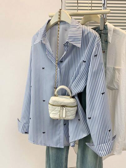 Camisa de manga larga con estampado de rayas y lazo para mujer, con botones delanteros, cuello de camisa, top casual, apta para primavera, otoño e invierno