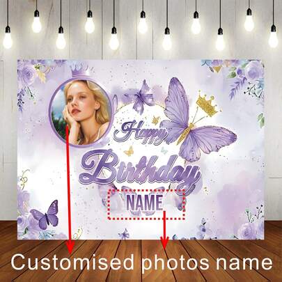 Striscione personalizzabile per compleanno con tema farfalla a gradiente viola, nome e foto, decorazioni con corona dorata glitterata, fiori viola, adatto per festa di compleanno, tavolo della torta, decorazioni fotografiche, in vinile