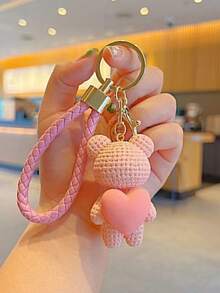 1pc Cute Cartoon Heart Knitted Car Key Chain Pendant, Couple Rabbit & Bear Keychain, Lovely Plush Christmas Gift