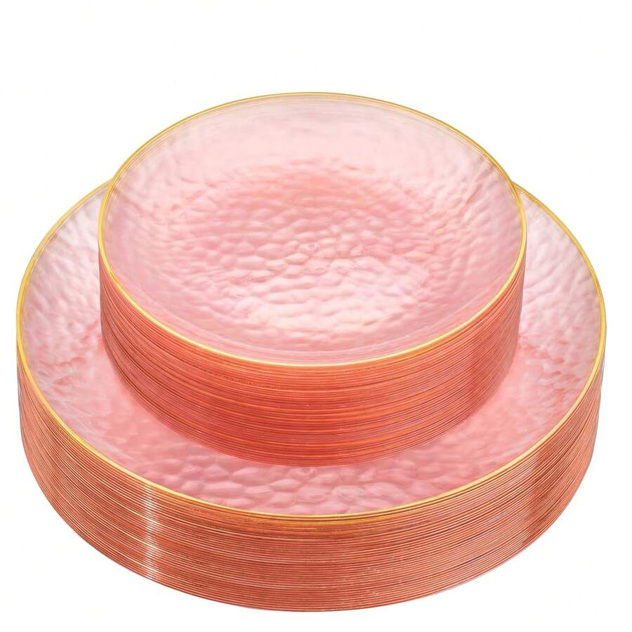 25 Stücke/Set 19cm/26cm rosa Teller, transparente rosa Teller mit goldenem Rand, beinhaltet gehämmerte goldene Teller