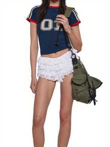 Womens Layered Lace Bloomers Casual Stylish Solid Elastic Low Rise Shorts For Summer - 白色 - 查看 3