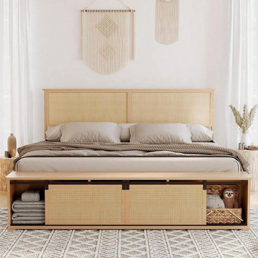 Danolapsi King Size Platform Bed Frame With Headboard And Wooden Slats Support,Rattan Platform Bed With Sliding Barn Door,Mattress Foundation/No Box Spring Needed/Easy Assembly - 黃色 - 查看 1