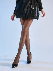 1条装 80克/220克/300克 女士性感闪光透明亮片亮片黑色连裤袜，春秋冬商务及性感造型连裤袜，保暖内衬连裤袜，保暖打底裤，E-Girl - 黑色 - 查看 4