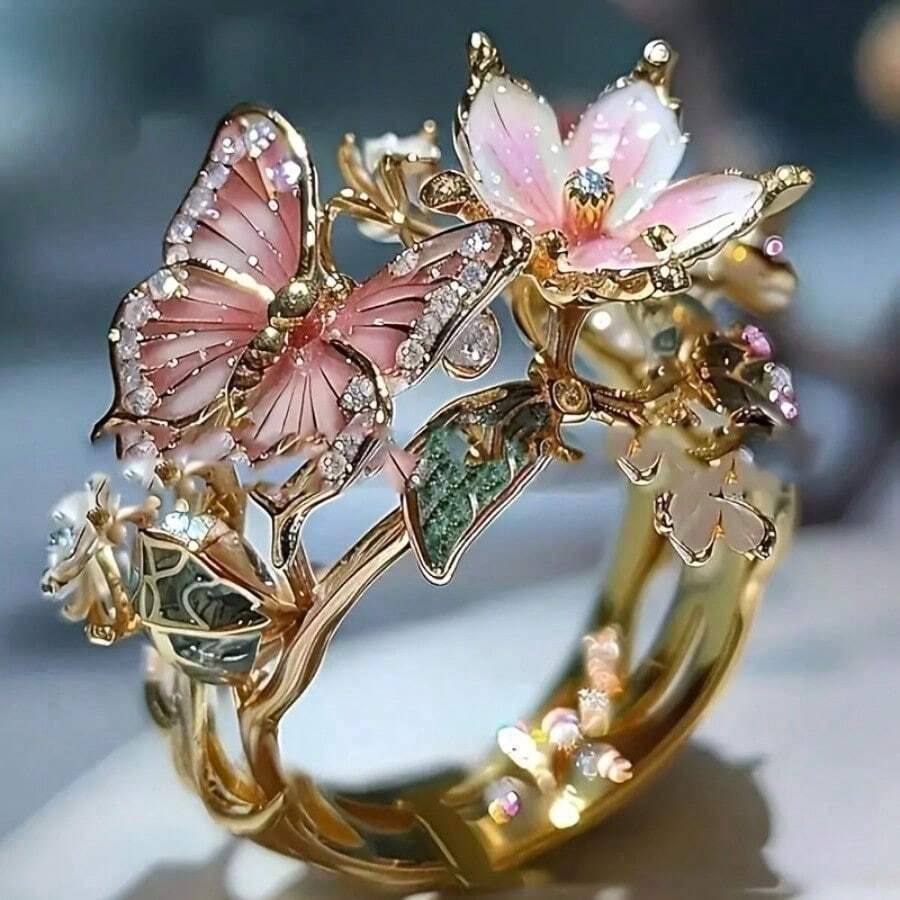 Delicate Shiny Droplet Oil Butterfly Ladies Open Ring Fashion Women's Wedding Ring Jewelry - 金的 - 查看 1
