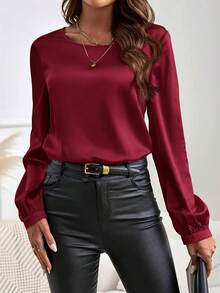 Women's Elegant Long Sleeve Round Neck Blouse - Middle Eastern Style Solid Color Top, Machine Washable, Suitable For Casual And Formal Occasions In Spring And Autumn, Holiday Attire, Exquisite Tailoring, Silky Texture
