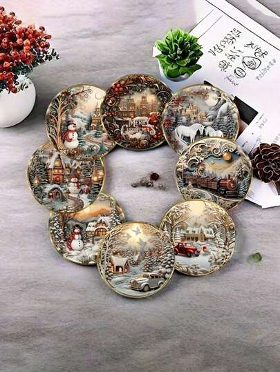 16pc/8pcs Holiday Wooden Coaster Set Christmas Season, Christmas-Themed Heat-Resistant Drink Coasters Ideal For Home & Restaurant Decor Collectible Coasters, Home Decor, Table Accents, Holiday Gifts Christmas Decorations Room Decor