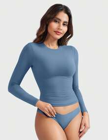VOYJOY Basic Long Sleeve Shirt Sport Tops Women Compression Long Sleeve Shirt Crop Top Thermal Underwear Women Long Sleeve - Dusty Blue - View 11