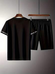 Men Plus Slogan Graphic Short Sleeve Tee & Shorts - Black - View 2