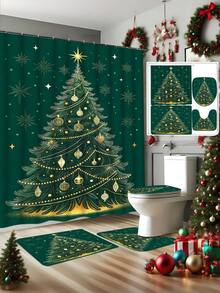 1 pieza/4 piezas Juego de baño de árbol de Navidad verde oscuro, incluye cortina de ducha, alfombra de inodoro, alfombra de baño, etc. Hecho de tela de poliéster impermeable y duradera. Decorado con patrones de árbol de Navidad, estrellas y copos de nieve. Adecuado para agregar un ambiente navideño al baño, especialmente para la temporada navideña.